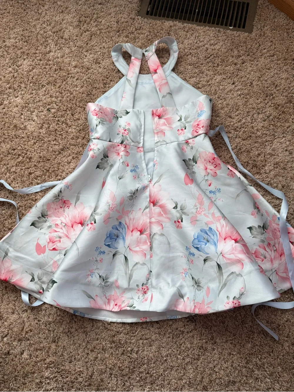 Rare Editions Light Blue Floral Halter Dress with Pink Accents